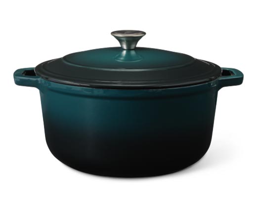 Sold at Auction: Collection of vintage cast iron cookware incl. Le Creuset-  French made, and Crofton lidded pan in green. Crofton pan is 30cm Dia, 12cm  H overall.